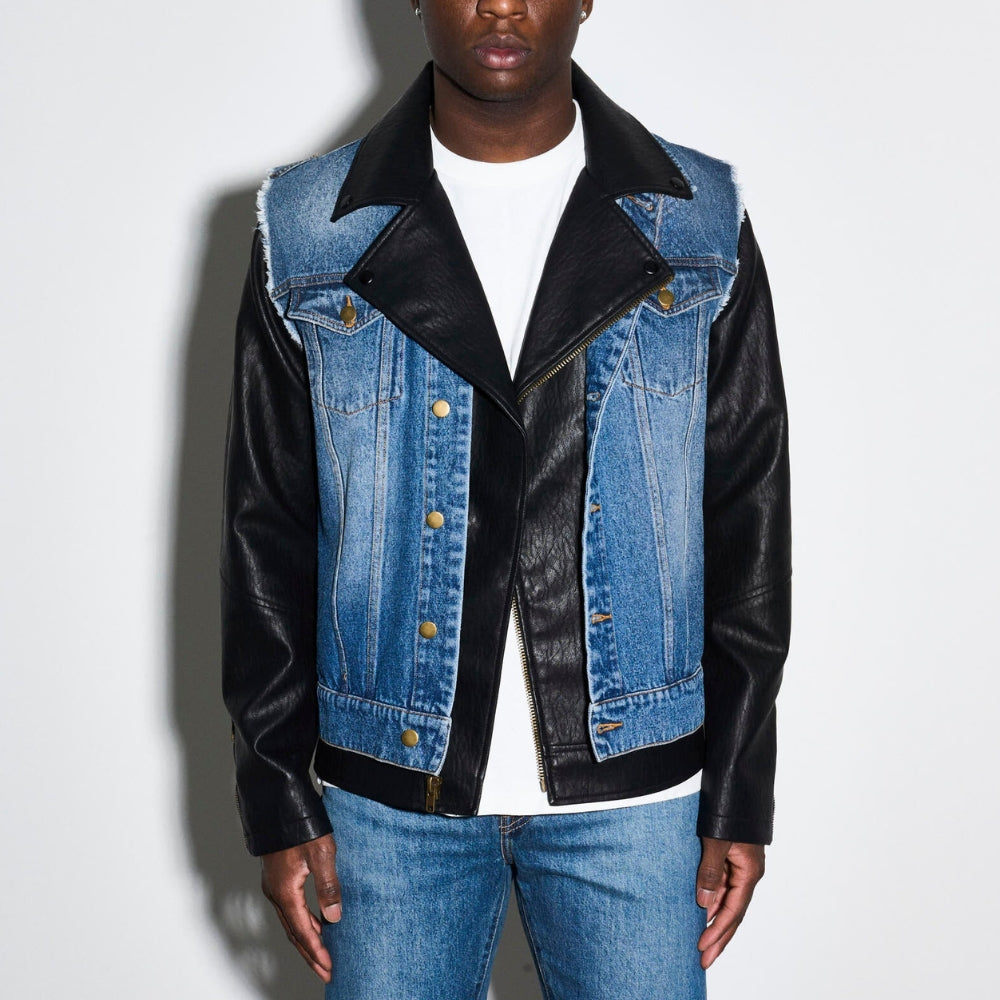 The Bikeriders Benny aka Austin Butler Black Leather Biker Jacket with Printed Denim Vest - Front View
