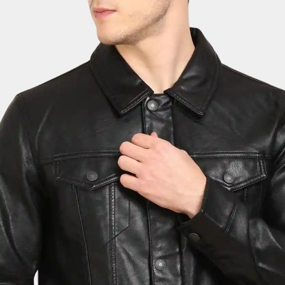 The Bondsman Kevin Bacon Leather Trucker Jacket - Close - Up Front View