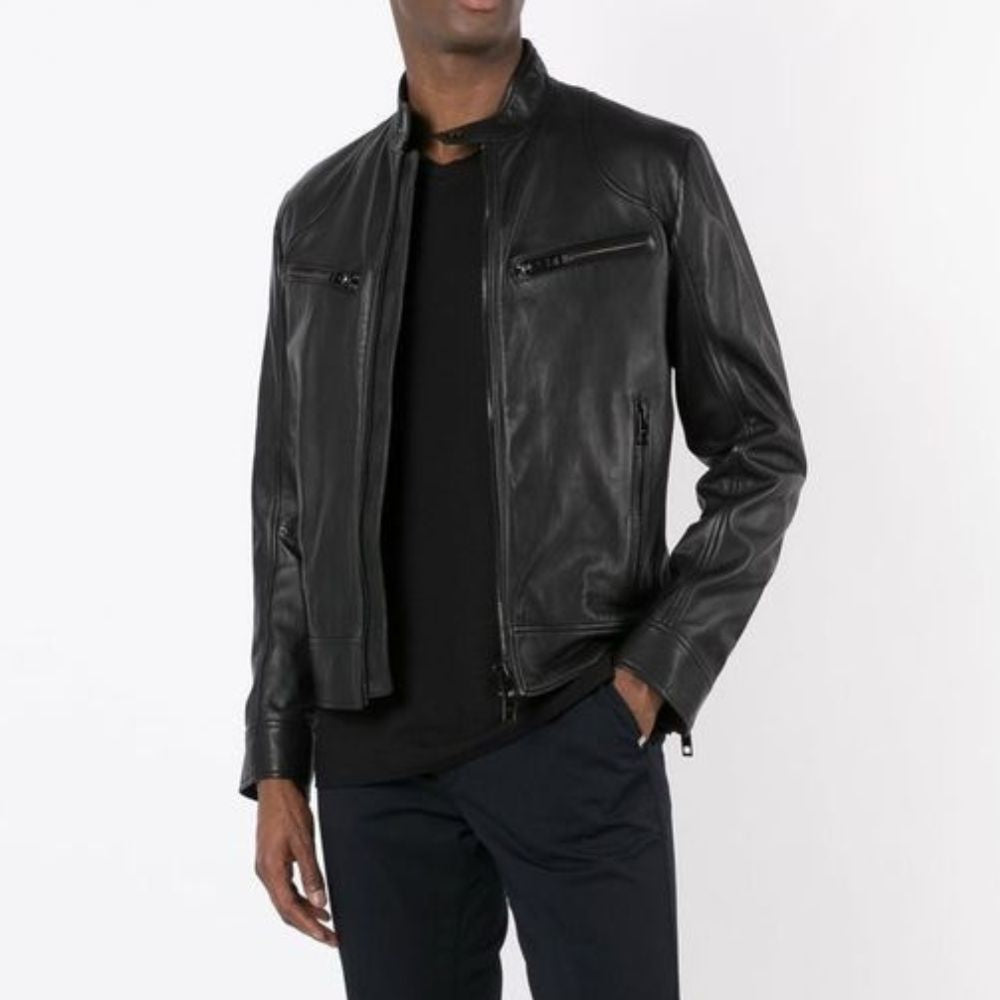 The Collective Sam Alexander Black Leather Biker Jacket - Front View