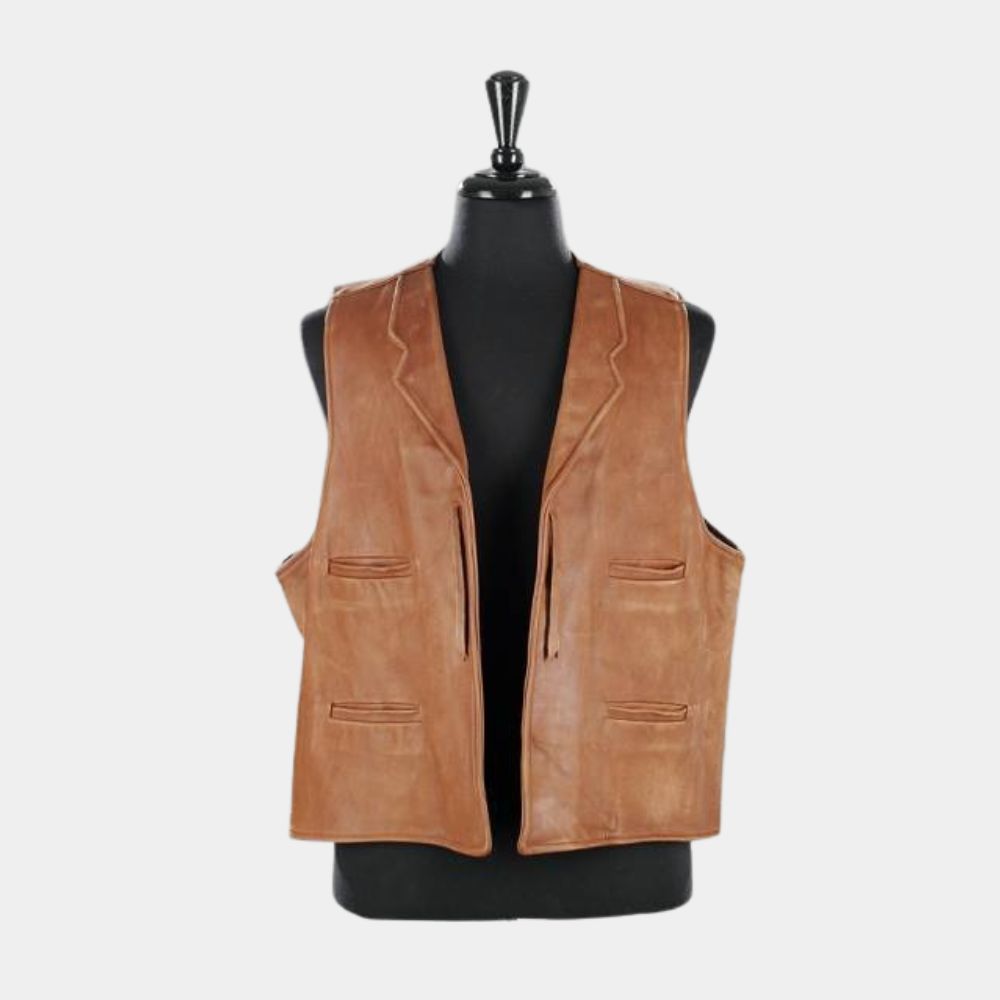 The Cowboys John Wayne Iconic Distressed Brown Leather Vest - Mannequin Front View
