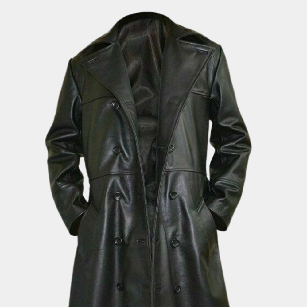 The Crow&nbsp; Brandon Lee aka Eric Draven Black Real Leather Long Coat - Mannequin Front Close - Up View