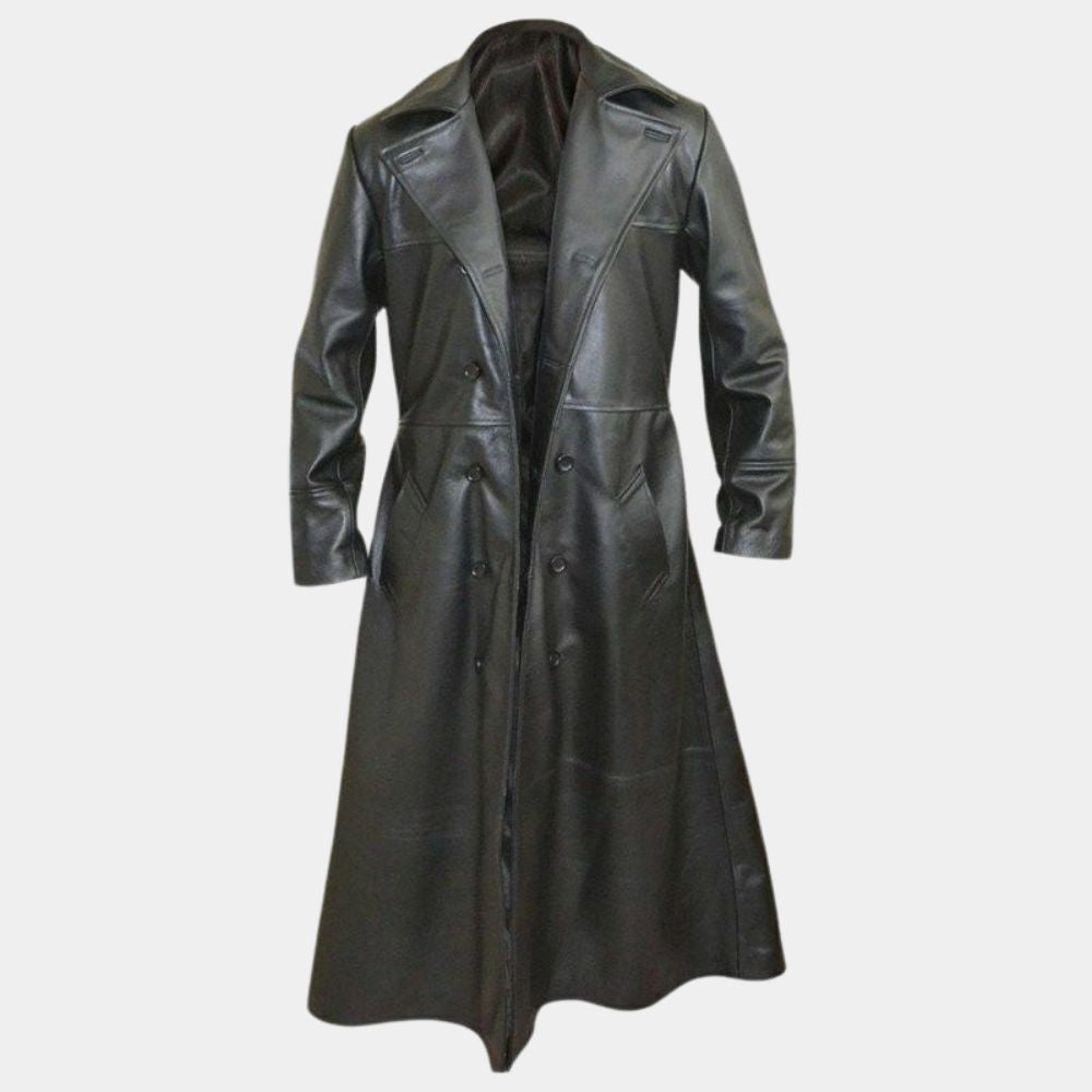 The Crow&nbsp; Brandon Lee aka Eric Draven Black Real Leather Long Coat - Mannequin Front View