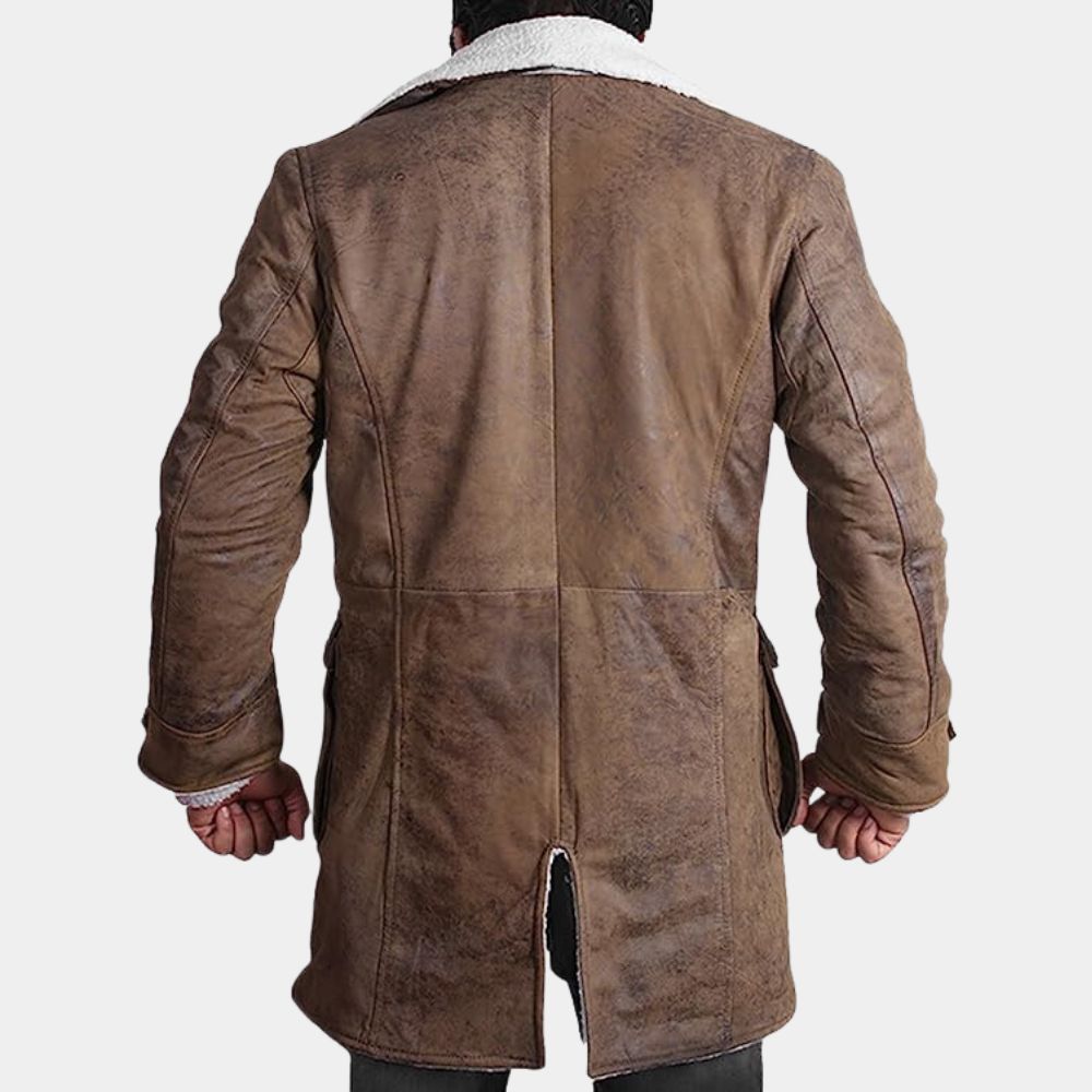 The Dark Night Rises Tom Hardy Faux Shearling Real Leather Trench Coat - Back View
