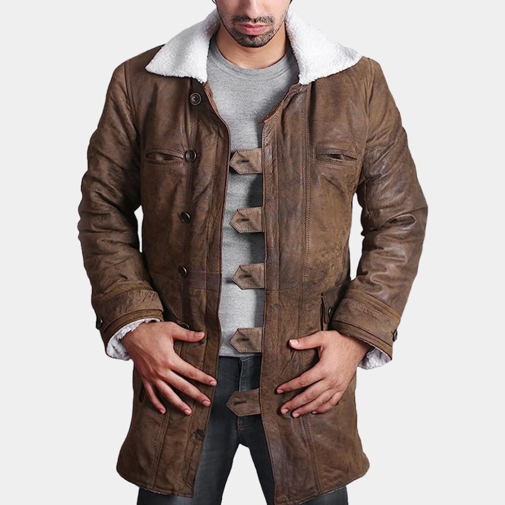 The Dark Night Rises Tom Hardy Faux Shearling Real Leather Trench Coat - Front Posture View