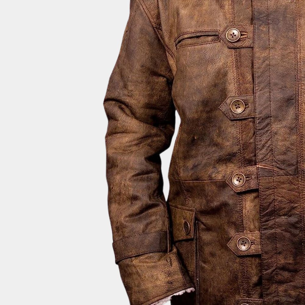 The Dark Night Rises Tom Hardy Faux Shearling Real Leather Trench Coat - Mannequin Front Close - Up View
