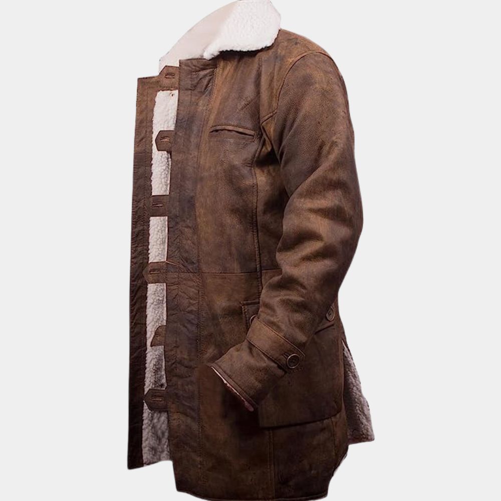 The Dark Night Rises Tom Hardy Faux Shearling Real Leather Trench Coat - Mannequin Side View