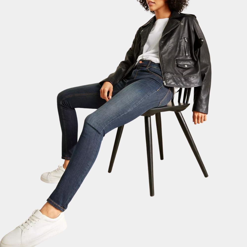 The Family Plan Michelle Monaghan Black Leather Biker Jacket - Side Posture View