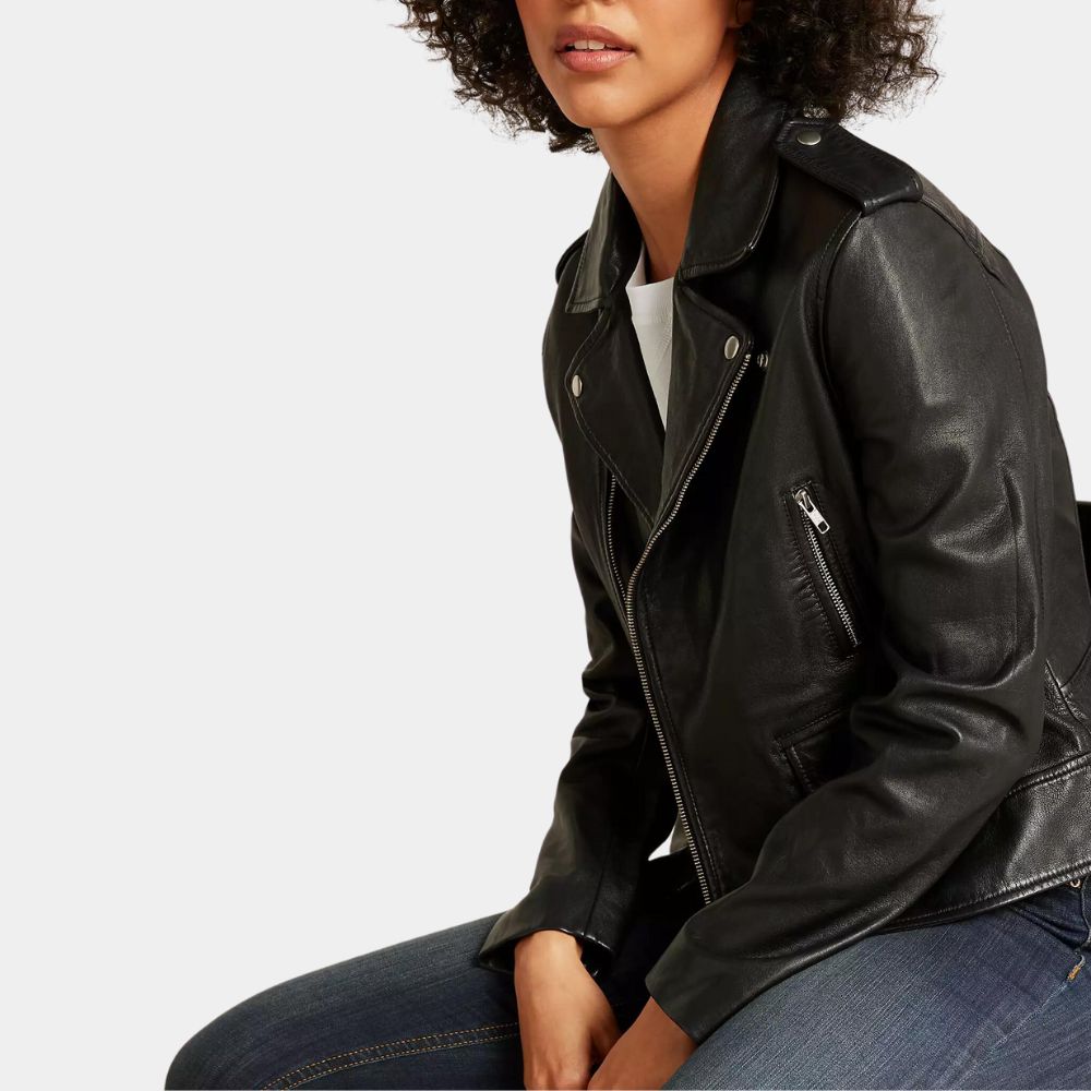 The Family Plan Michelle Monaghan Black Leather Biker Jacket - Side View