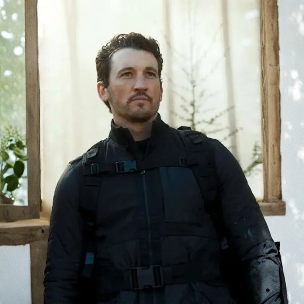 The Gorge Levi Kane aka Miles Teller Black Quilted Parachute and Wool Jacket - Front View