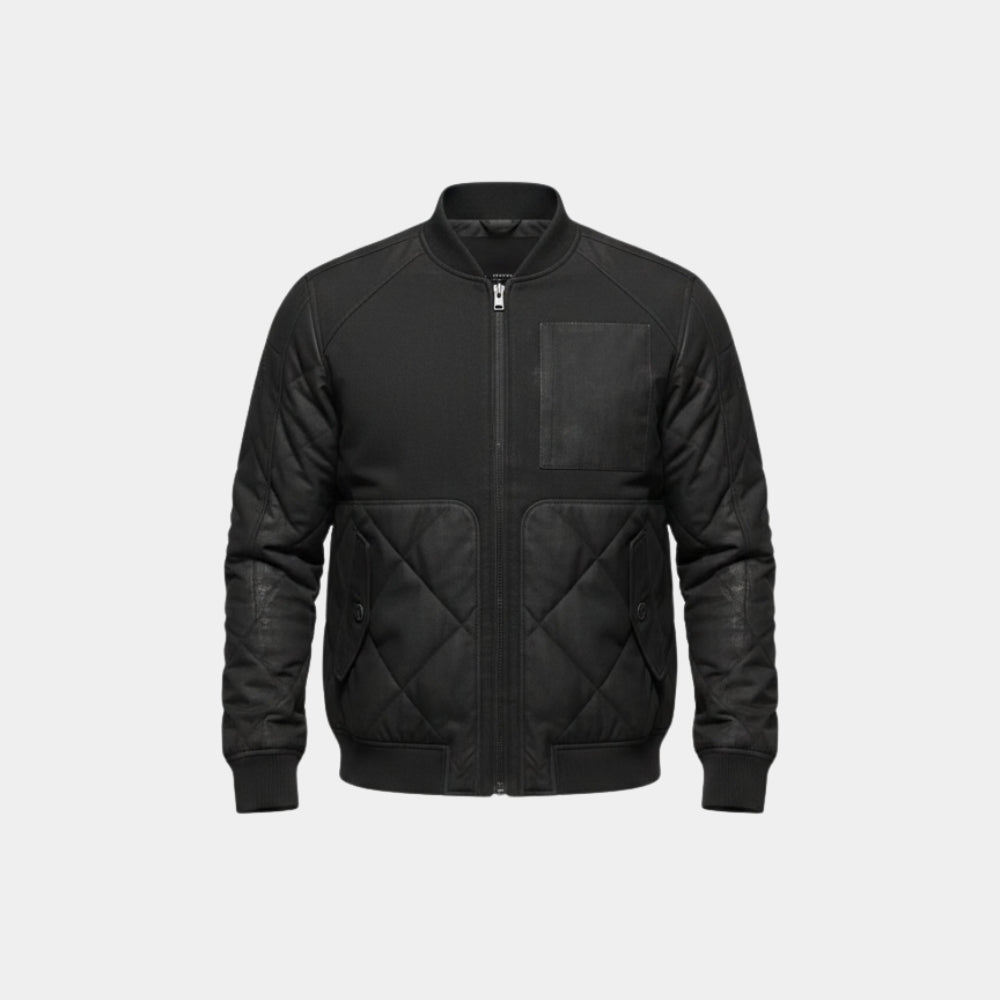 The Gorge Levi Kane aka Miles Teller Black Quilted Parachute and Wool Jacket - Mannequin Front View