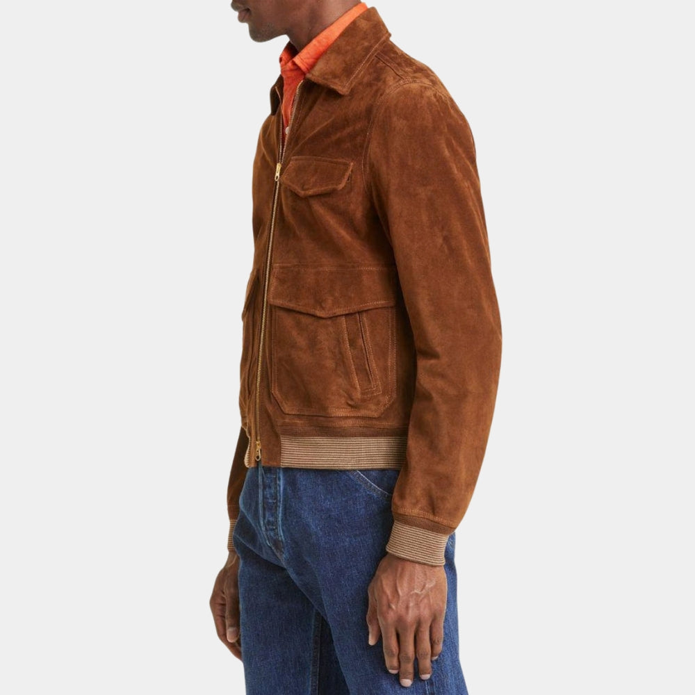 The Jackal  The Day of the Jackal Eddie Redmayne Suede Leather Tan Jacket - Side View