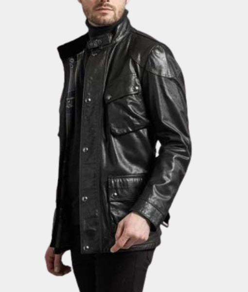 The Killer's Game Dave Bautista aka Joe Flood Black Field Leather Jacket - Side View