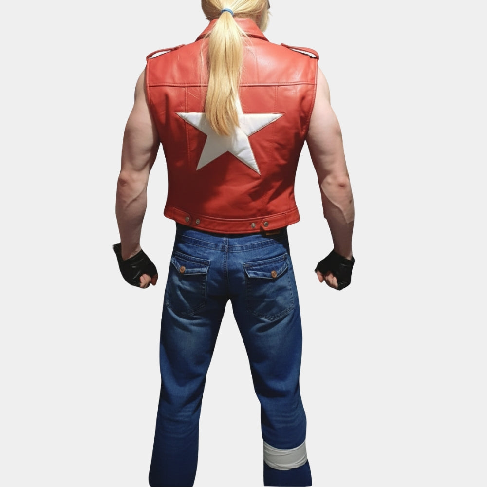 The Kings Of Fighters  Terry Bogard Red Leather Hooded Vest - Back View