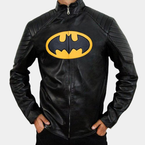 The Lego Batman Michael Keaton's Inspired Yellow Logo Batman Leather Jacket - Front View