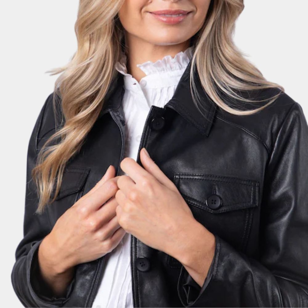 The Life List Alex aka Sofia Carson Leather Jacket - Front Close - Up View