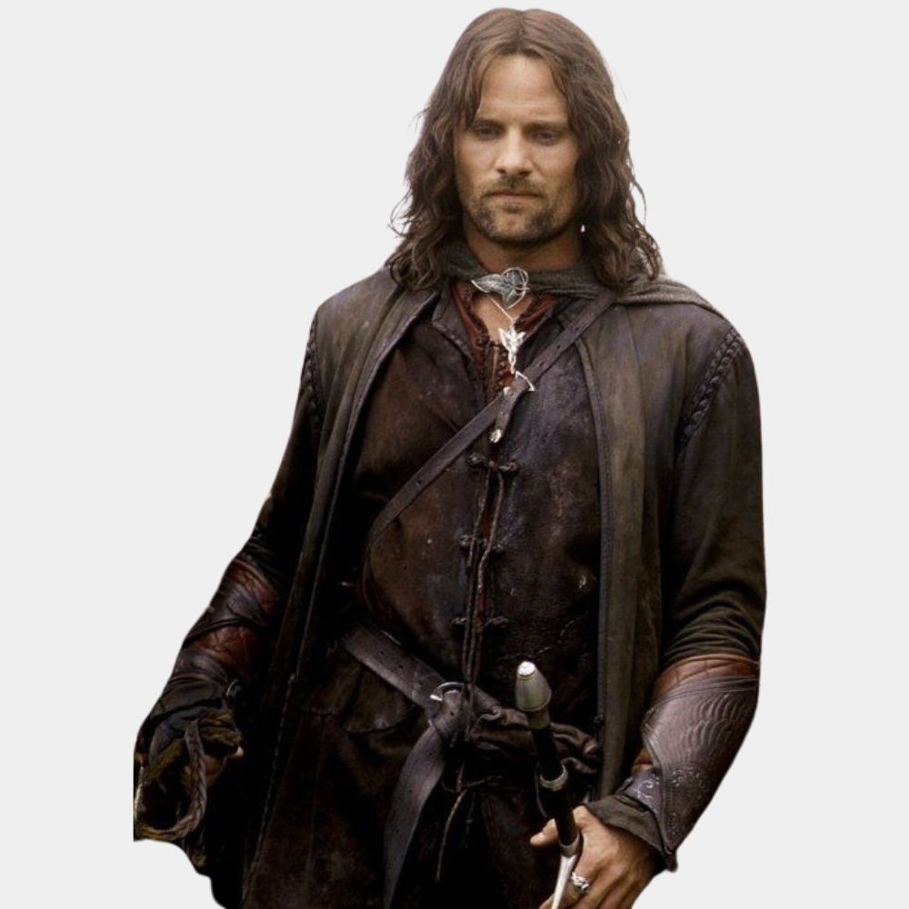 The Lord of the Rings Trilogy Viggo Mortensen Leather Coat - Front Close - Up View