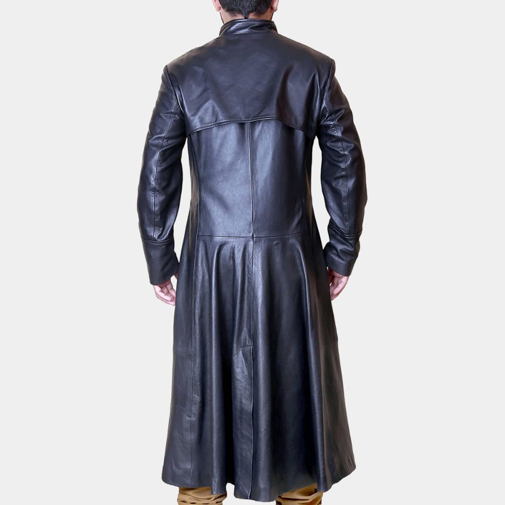 The Matrix Neo aka Keanu Reeves Black Leather Trench Coat - Back Posture View