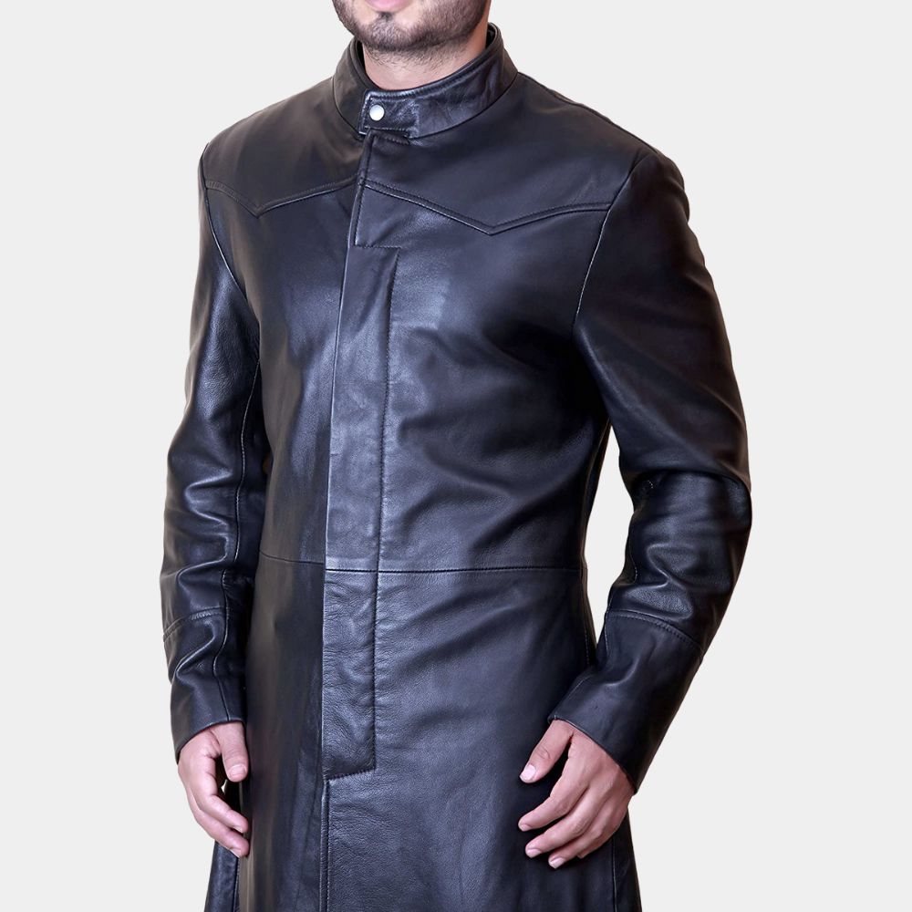 The Matrix Neo aka Keanu Reeves Black Leather Trench Coat - Front Posture View