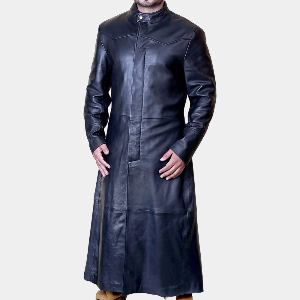 The Matrix Neo aka Keanu Reeves Black Leather Trench Coat - Posture Front View
