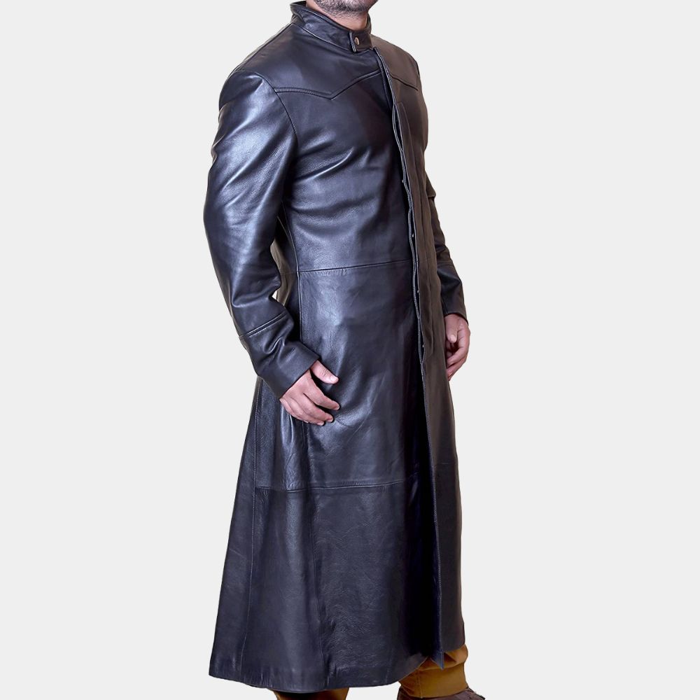 The Matrix Neo aka Keanu Reeves Black Leather Trench Coat - Side View