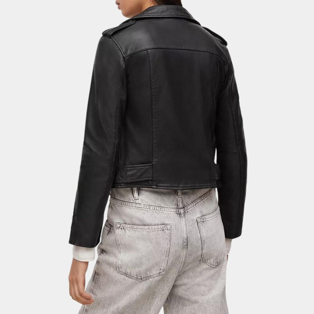 The Out-Laws Nina Dobrev Black Leather Biker Jacket - Back View
