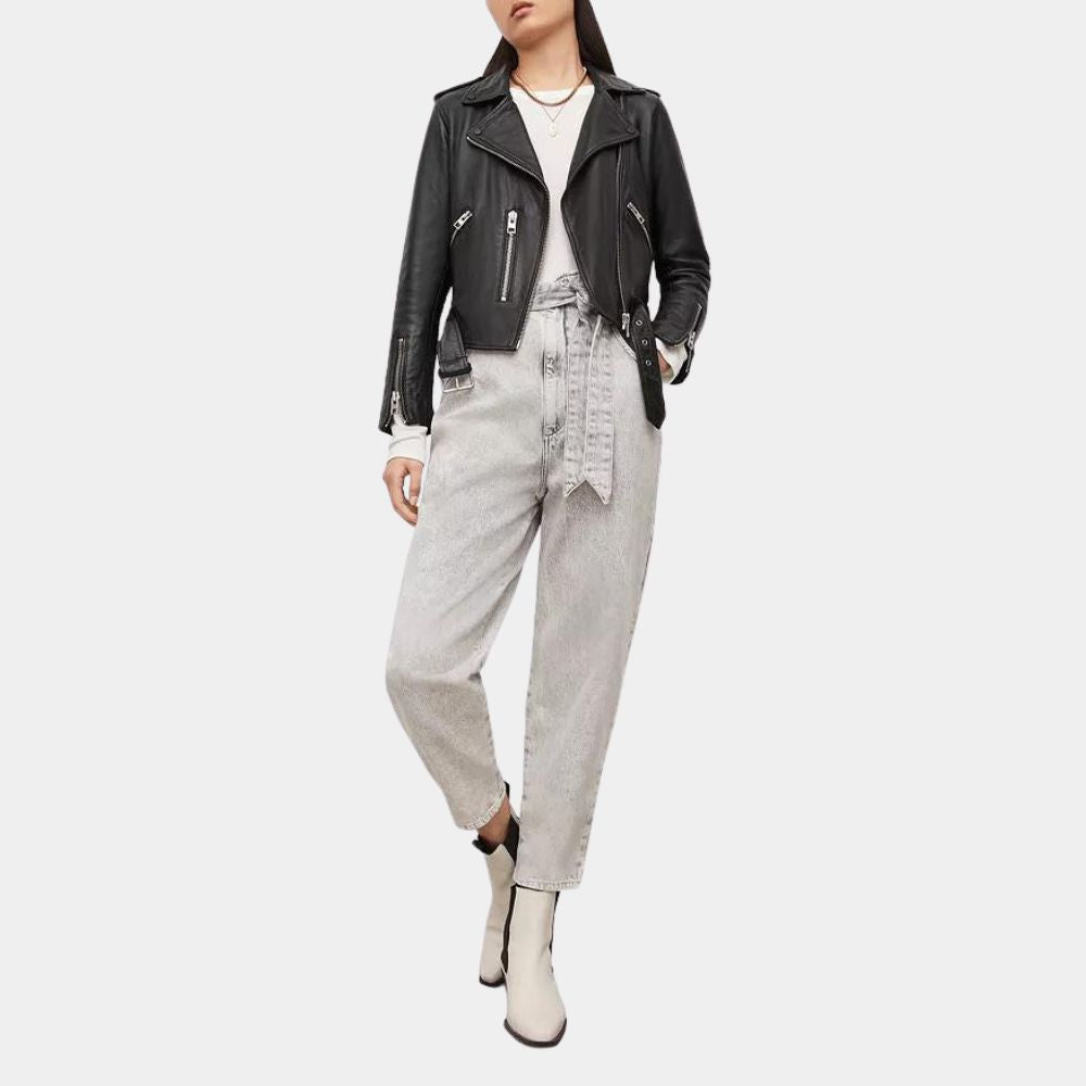 The Out-Laws Nina Dobrev Black Leather Biker Jacket - Front Posture View