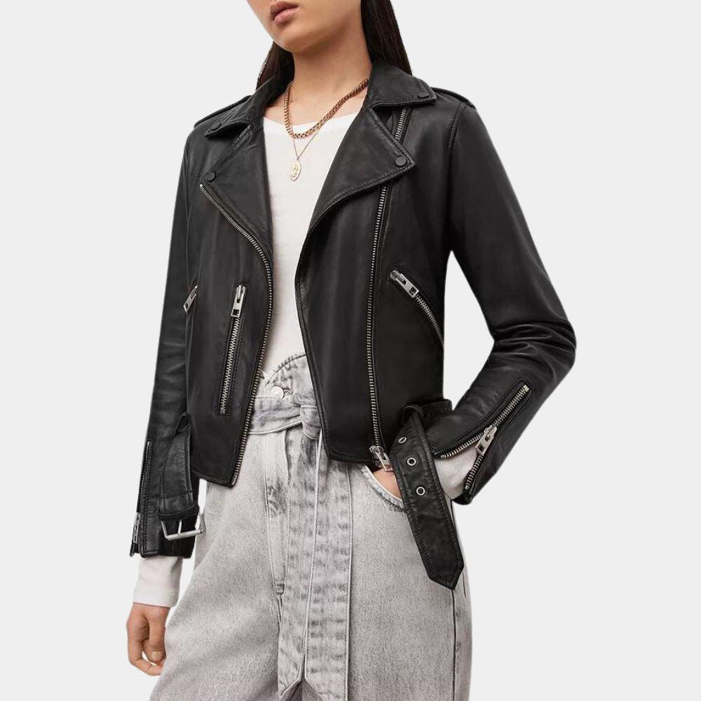 The Out-Laws Nina Dobrev Black Leather Biker Jacket - Front View