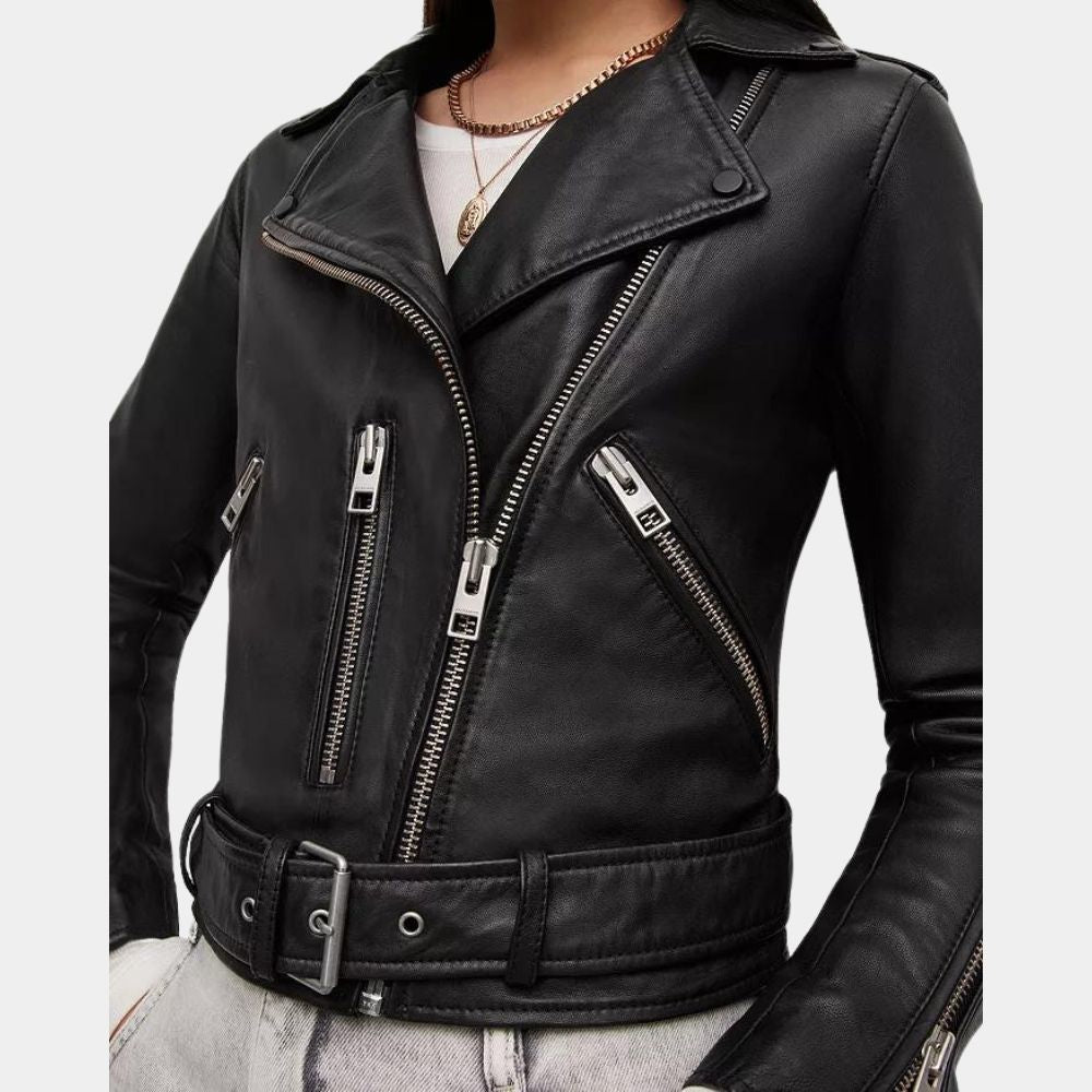 The Out-Laws Nina Dobrev Black Leather Biker Jacket - Side Posture View