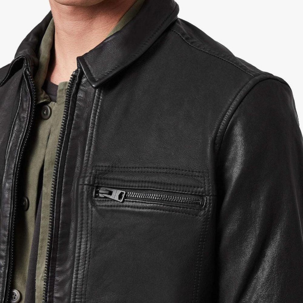 The Out-Laws Pierce Brosnan Solid Matt Black Leather Jacket - Pocket Close - Up View