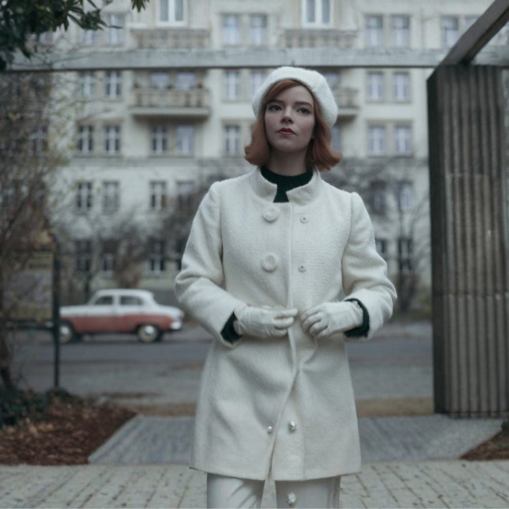 The Queen’s Gambit  Beth Harmon White Wool Blend Coat - Front View