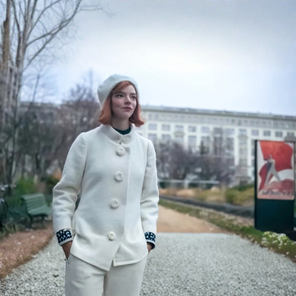 The Queen’s Gambit  Beth Harmon White Wool Blend Coat - Side View