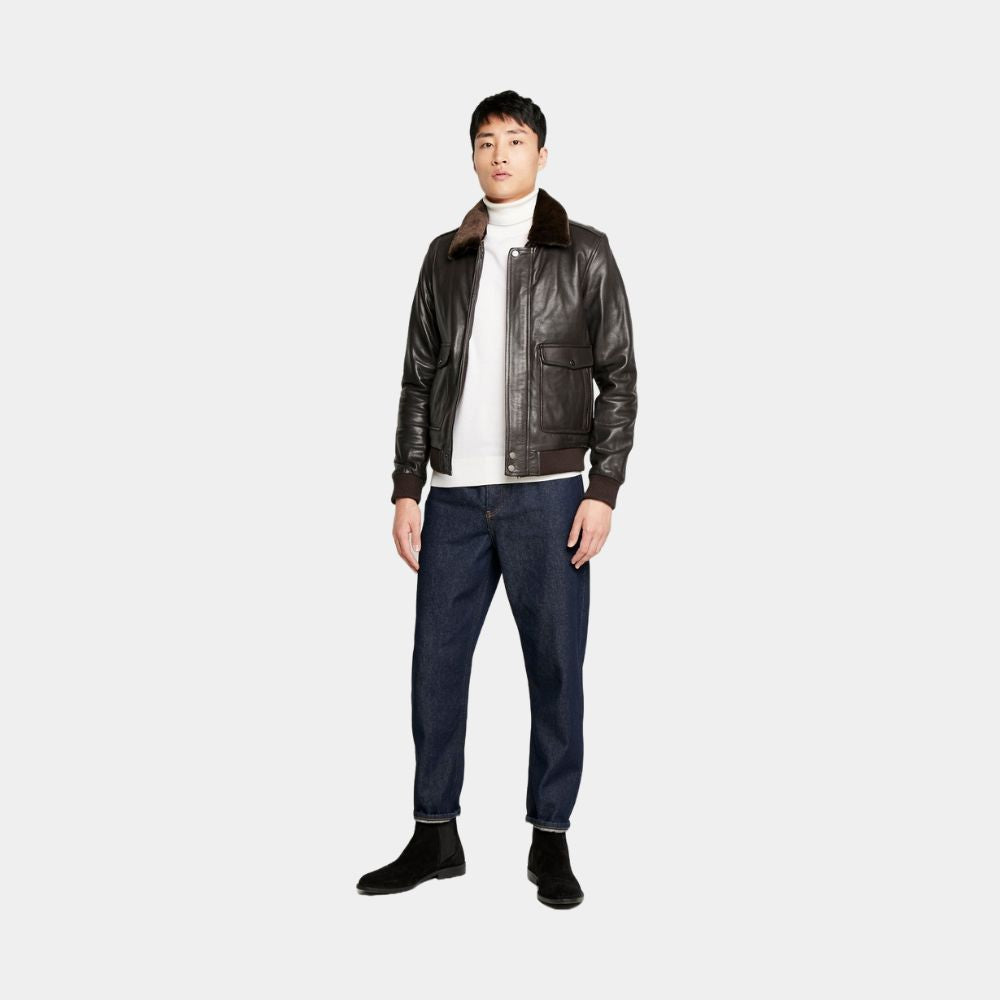 The Thing MacReady (Kurt Russel) Brown G-1 Leather Bomber Jacket - Posture Front View