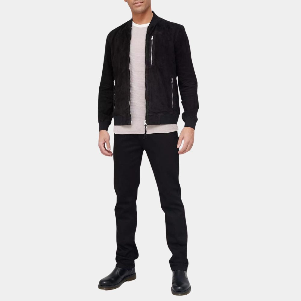 The Union Mike McKenna Black Suede Leather Bomber Jacket - Front Posture View