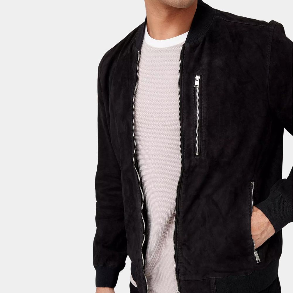 The Union Mike McKenna Black Suede Leather Bomber Jacket - Side Posture View