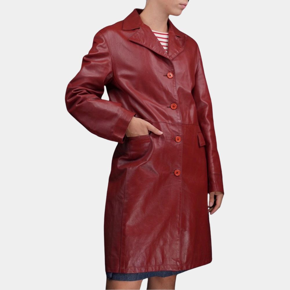 The Vampire Slayer Buffy Summers Aka (Sarah Michelle Gellar) Red Leather Trench Coat - Side View