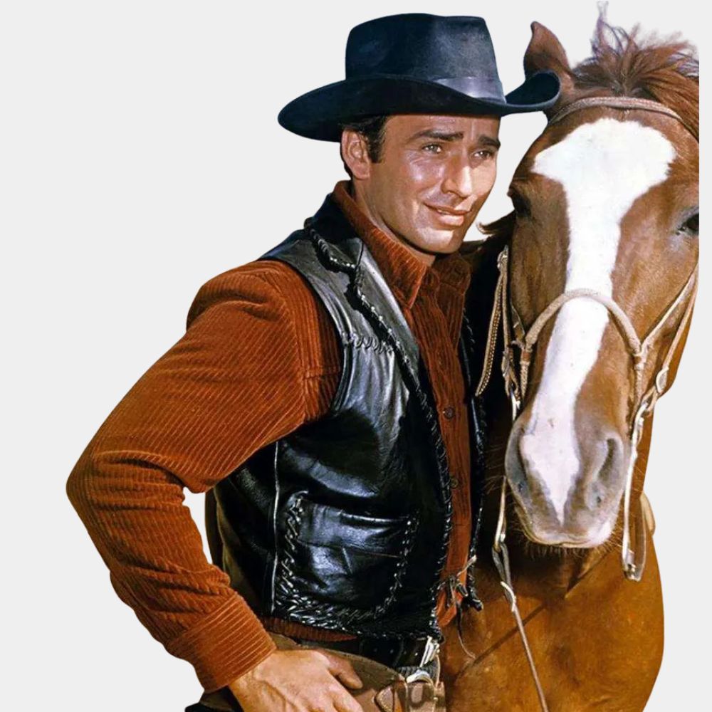 The Virginian  Trampas aka James Drury Black Leather Vest - Character Side Posture View
