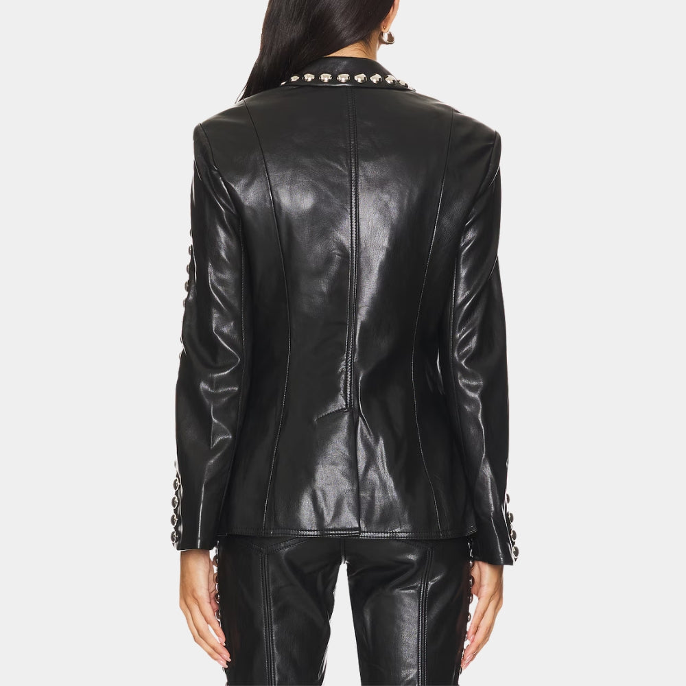 The Voice  Reba McEntire Black Leather Studded Single Button Blazer - Back View