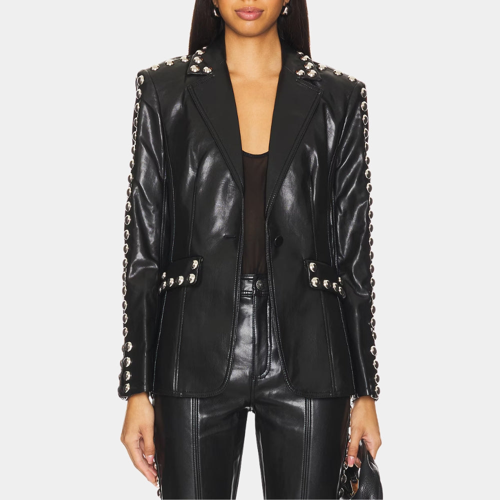 The Voice  Reba McEntire Black Leather Studded Single Button Blazer - Front View