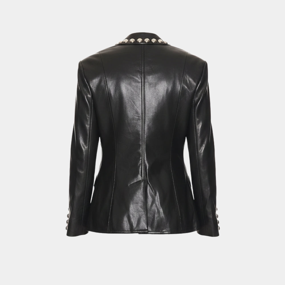 The Voice  Reba McEntire Black Leather Studded Single Button Blazer - Mannequin Back View
