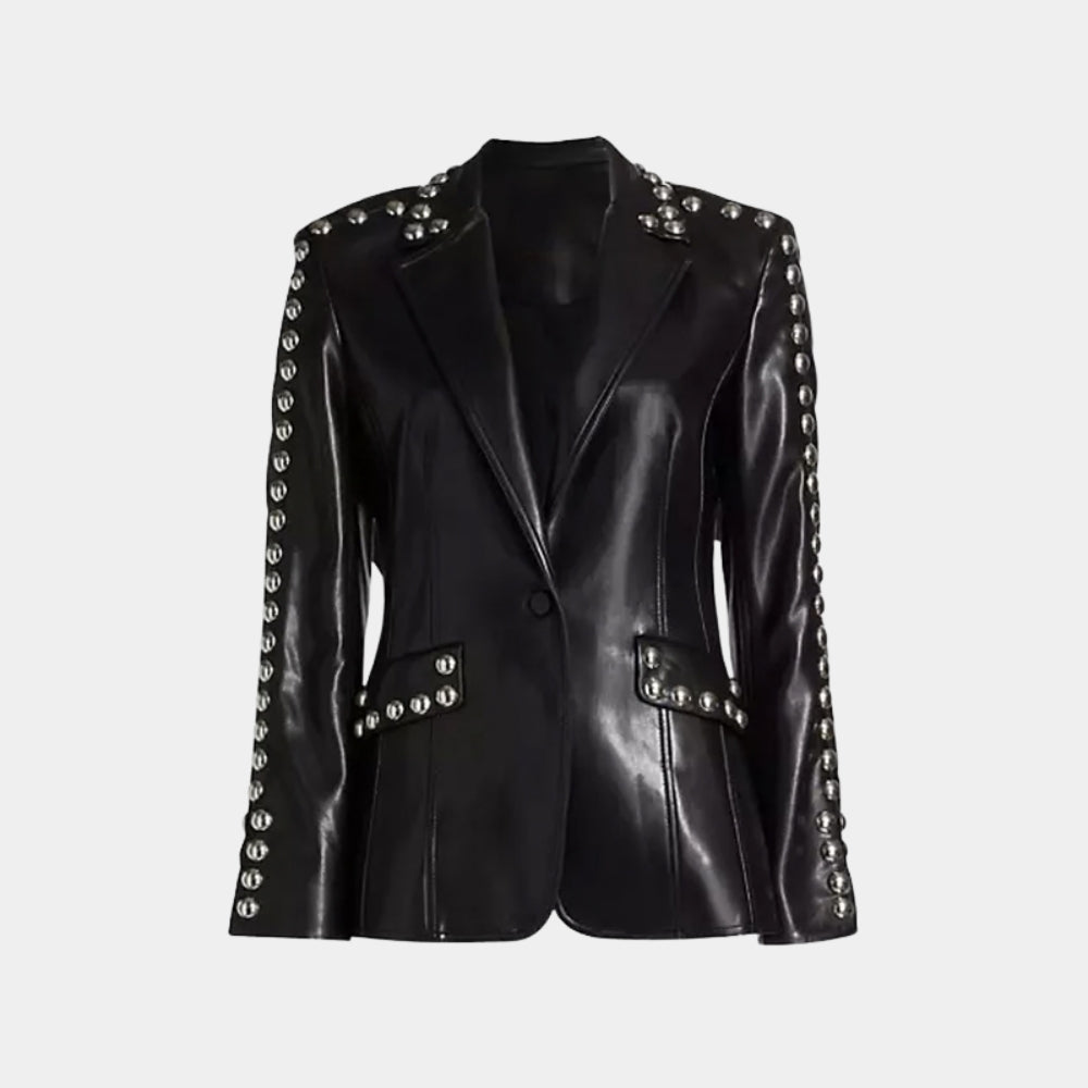 The Voice  Reba McEntire Black Leather Studded Single Button Blazer - Mannequin Front View