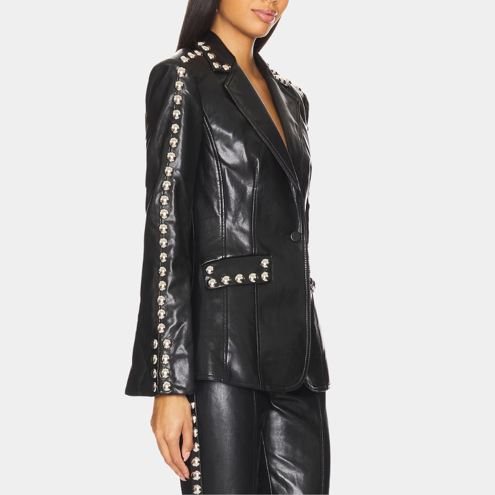 The Voice  Reba McEntire Black Leather Studded Single Button Blazer - Side View