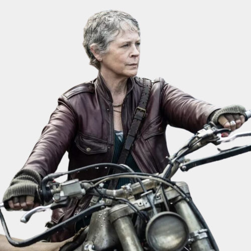 The Walking Dead Carol Peletier Maroon Leather Biker Jacket from Book of Carol - Character Front Close-Up View