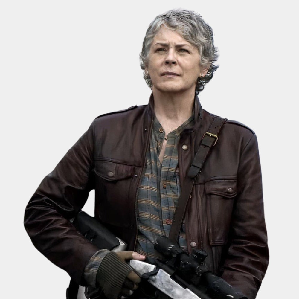 The Walking Dead Carol Peletier Maroon Leather Biker Jacket from Book of Carol - Character Front Posture View