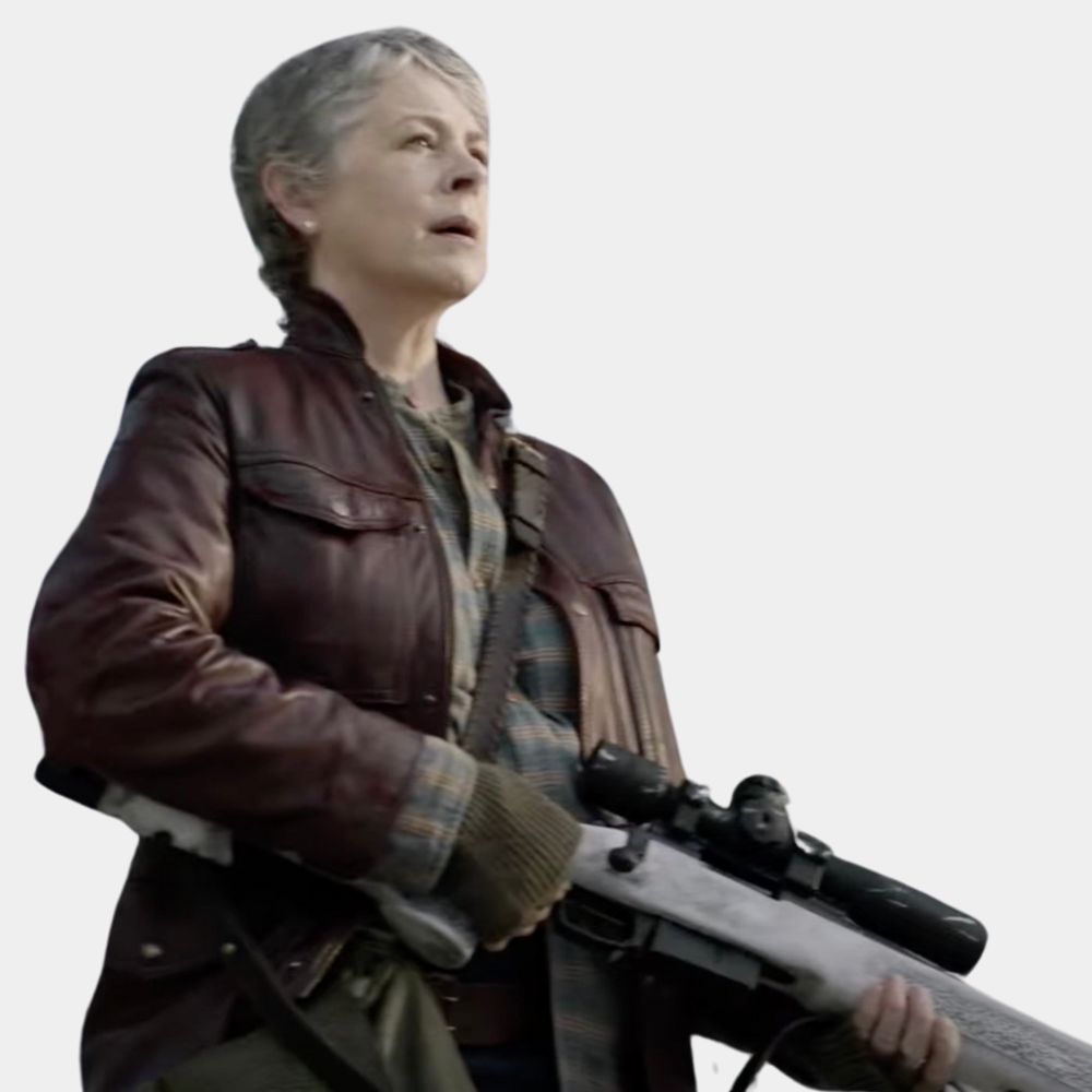 The Walking Dead Carol Peletier Maroon Leather Biker Jacket from Book of Carol - Character Side Posture View