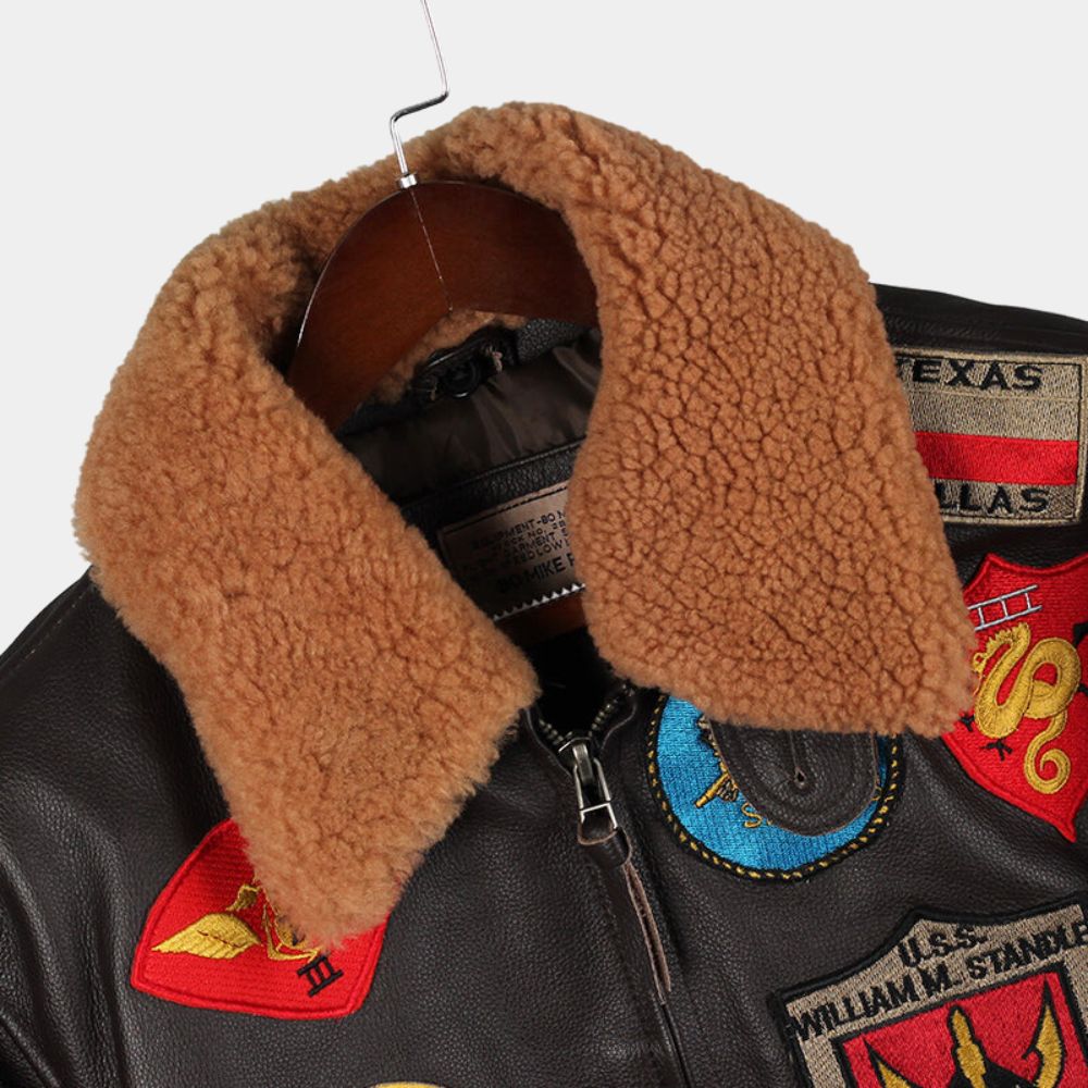 Top Gun Tom Cruise Brown G-1 Pilot Leather Aviator Jacket - Collar Close - Up View