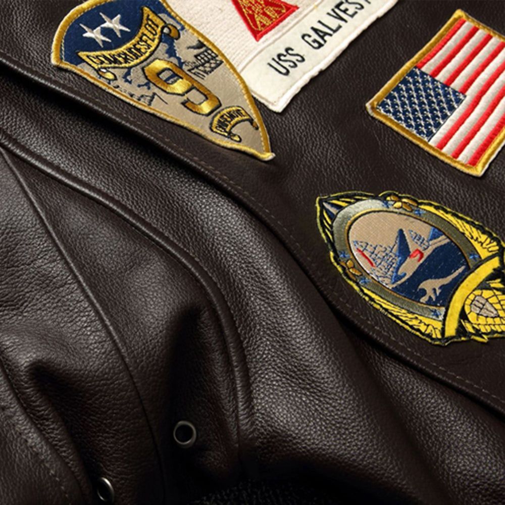 Top Gun Tom Cruise Brown G-1 Pilot Leather Aviator Jacket - Logo Close - Up View
