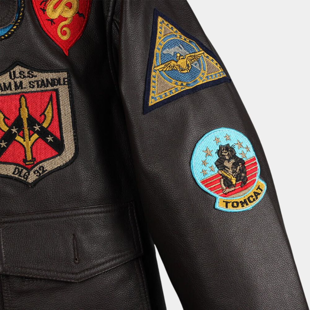 Top Gun Tom Cruise Brown G-1 Pilot Leather Aviator Jacket - Sleeve Close - Up View