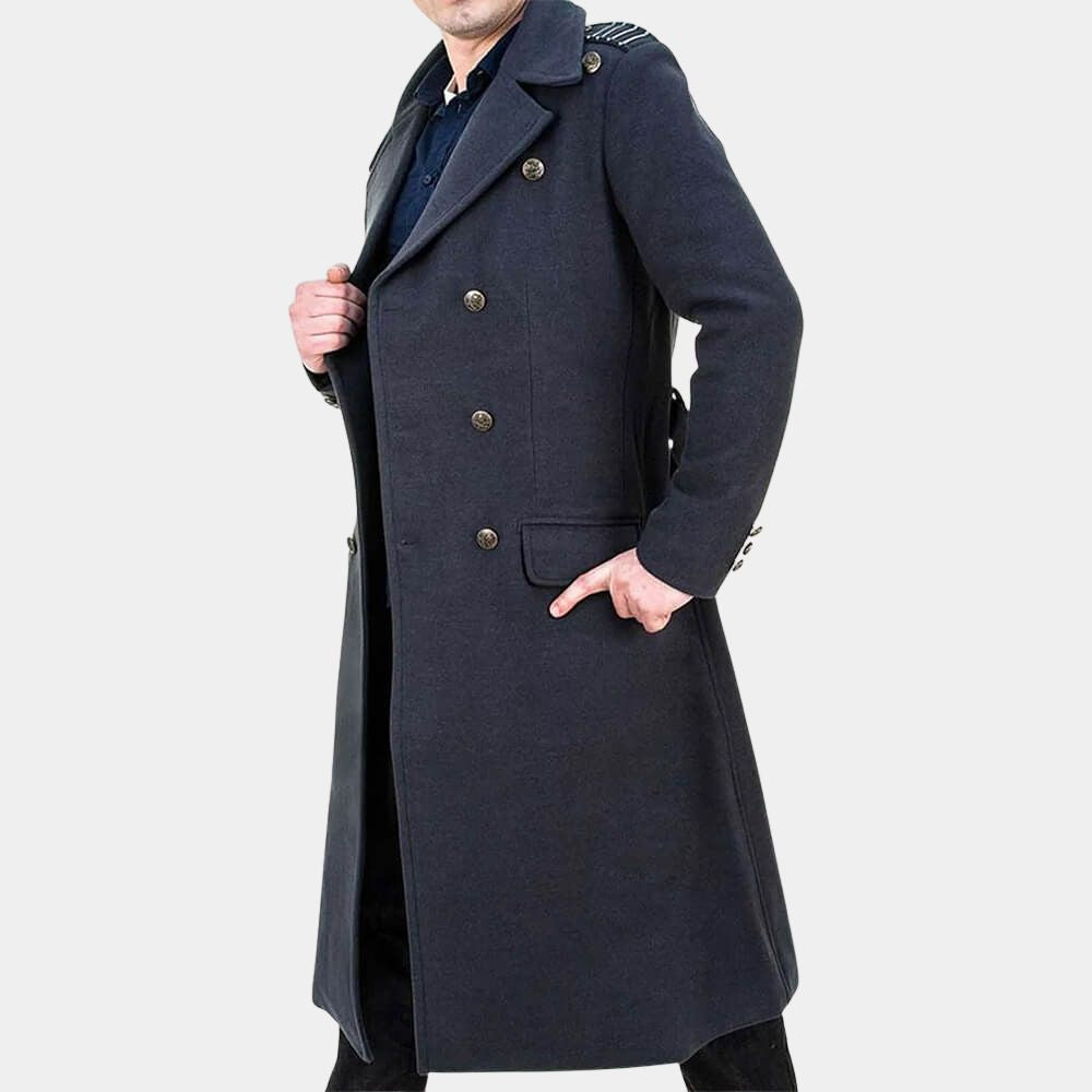Torchwood  Captain Jack aka John Barrowman Grey Wool Trench Coat - Posture View