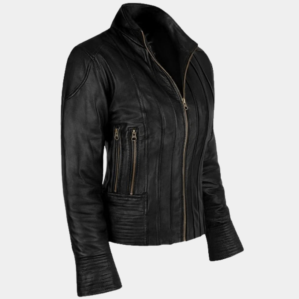 Transformers  Mikaela Banes aka Megan Black Leather Jacket - Mannequin Side View