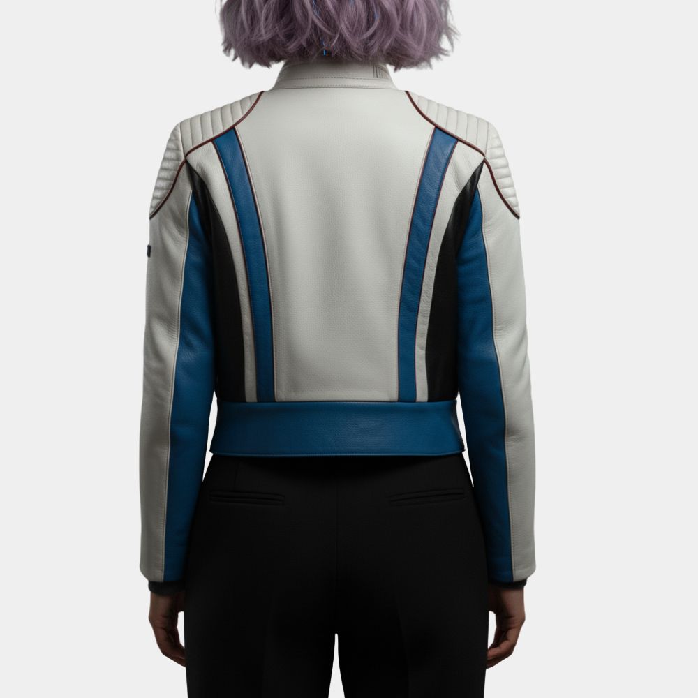Tron Ares  Eve Kim White Cafe Racer Leather Jacket - Back View